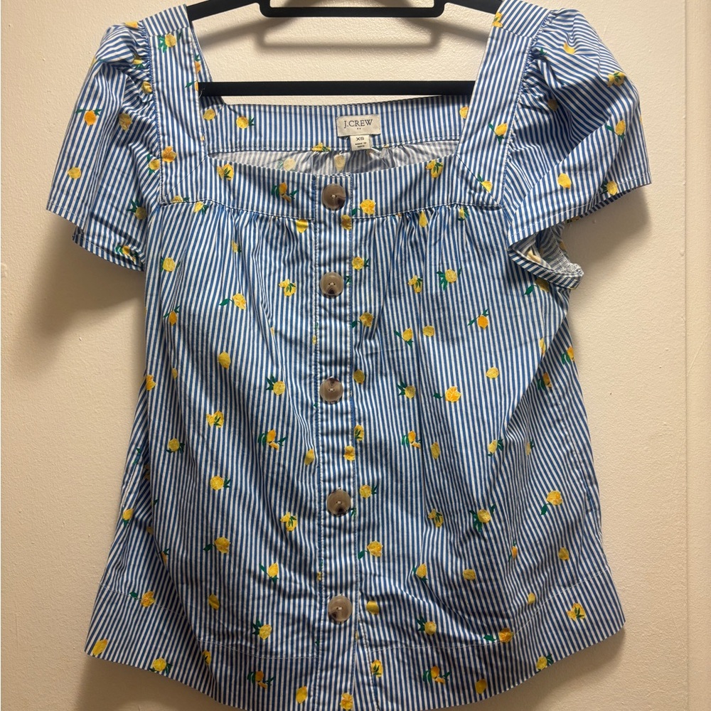J. Crew Blue and Yellow Floral Striped Blouse